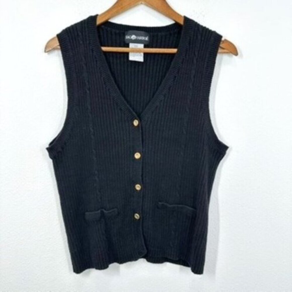 Vintage Sag Harbor Black Ribbed V Neck Sweater Vest Gold Buttons Old Money‎ Prep